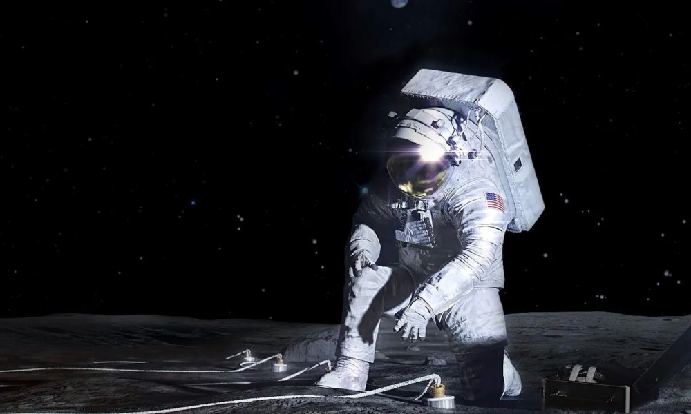 An artist’s concept of an Artemis astronaut deploying an instrument on the lunar surface.