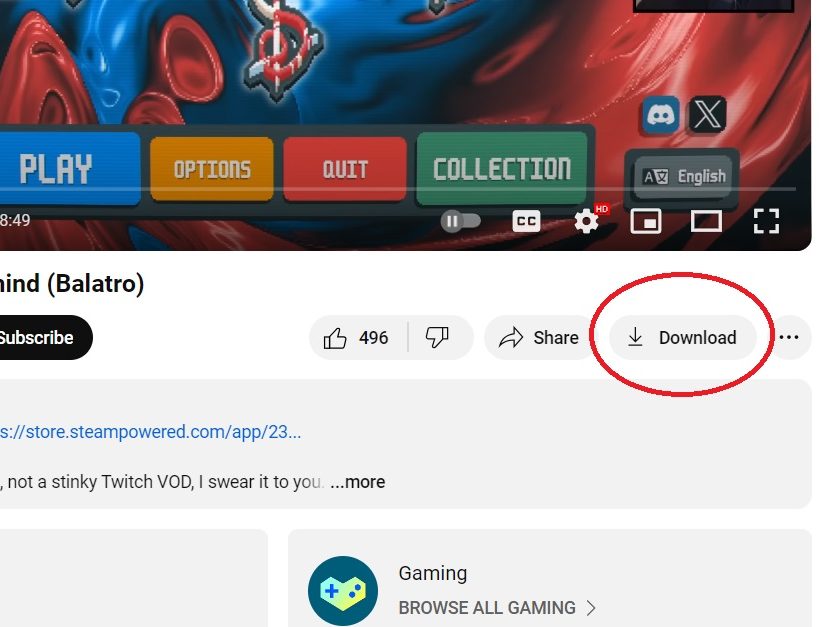 The download button on YouTube is below the video on the right side.