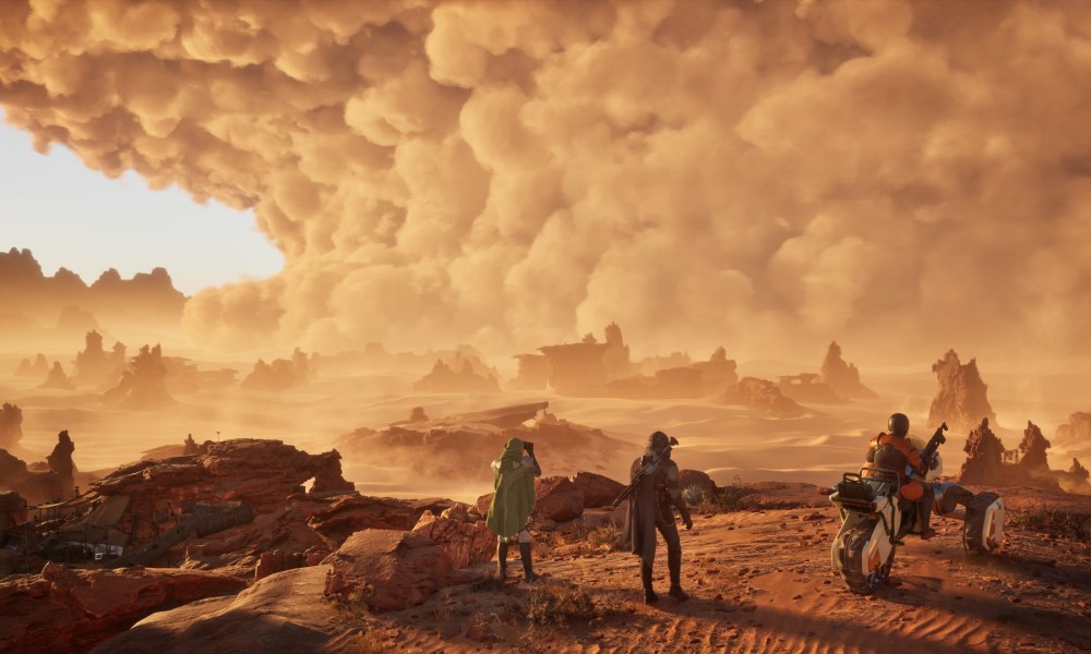 Characters look out at a vast desert in Dune: Awakening.