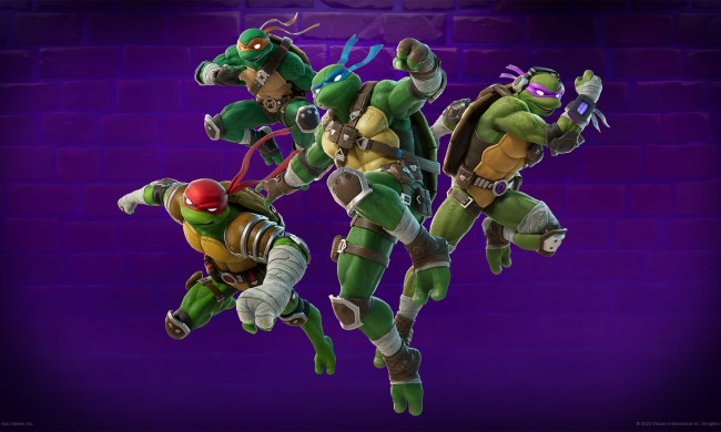 The TMNT Fortnite skins. We have all four turtles in fighting poses in front of a purple background.