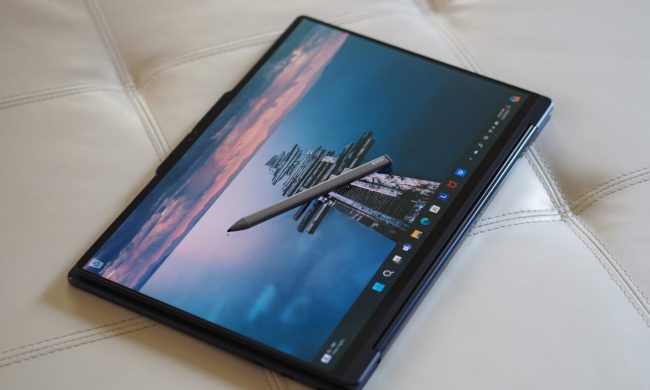 Lenovo Yoga 9i Gen 9 top down view showing tablet and pen.