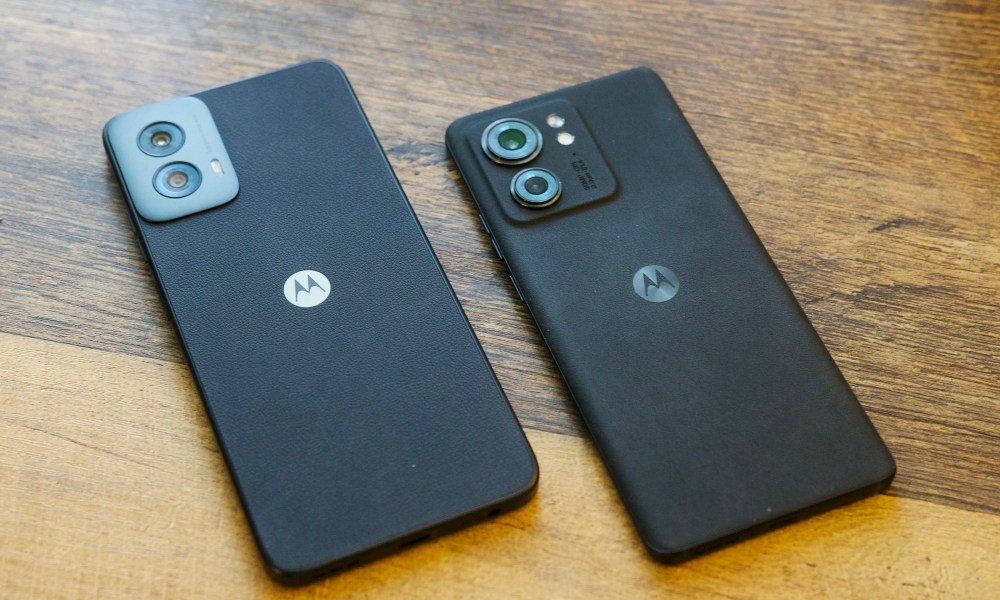 The Moto G Power 5G (2024) laying next to the Motorola Edge (2023).