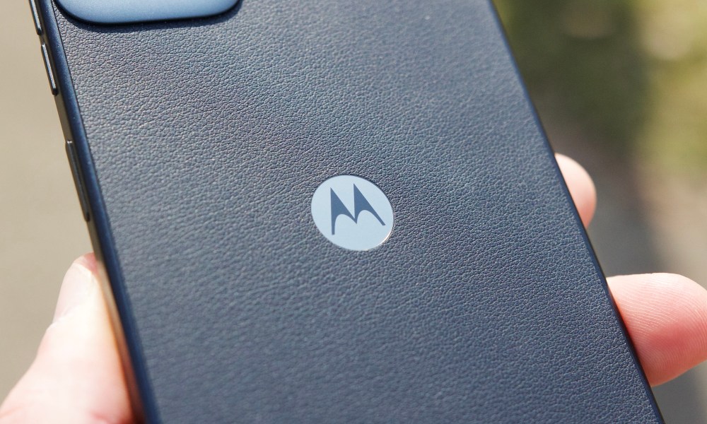 A close-up of the Motorola logo on the Moto G Power 5G (2024).