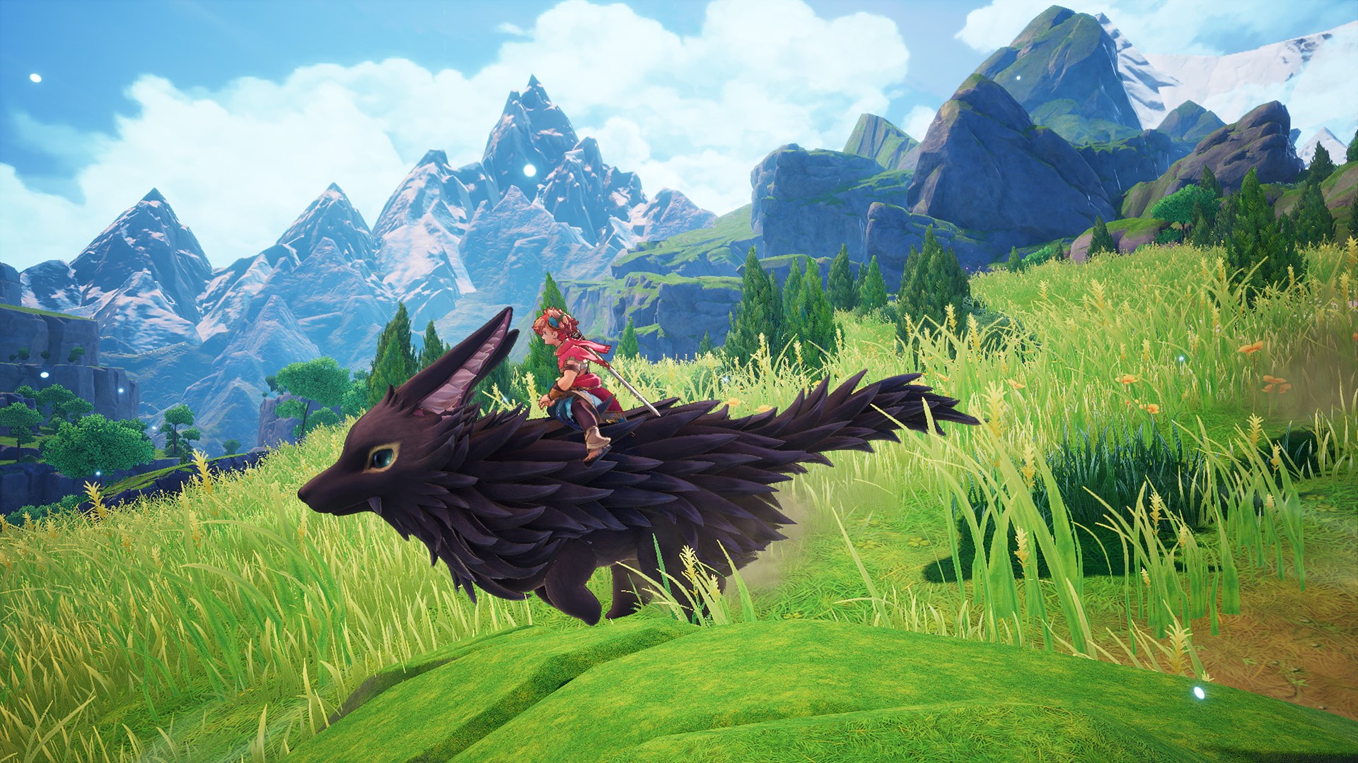 Red-haired hero riding black wolf Pikul through grass in Visions of Mana