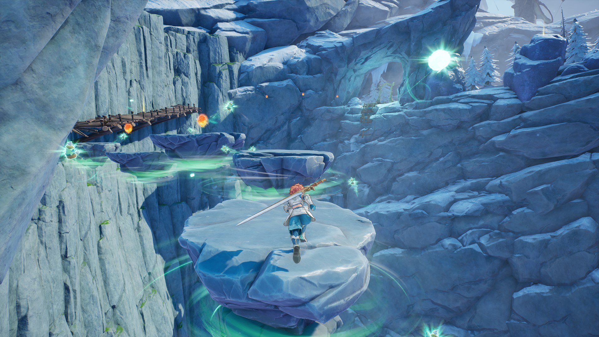 Val jumping between floating rocks using wind power in Visions of Mana