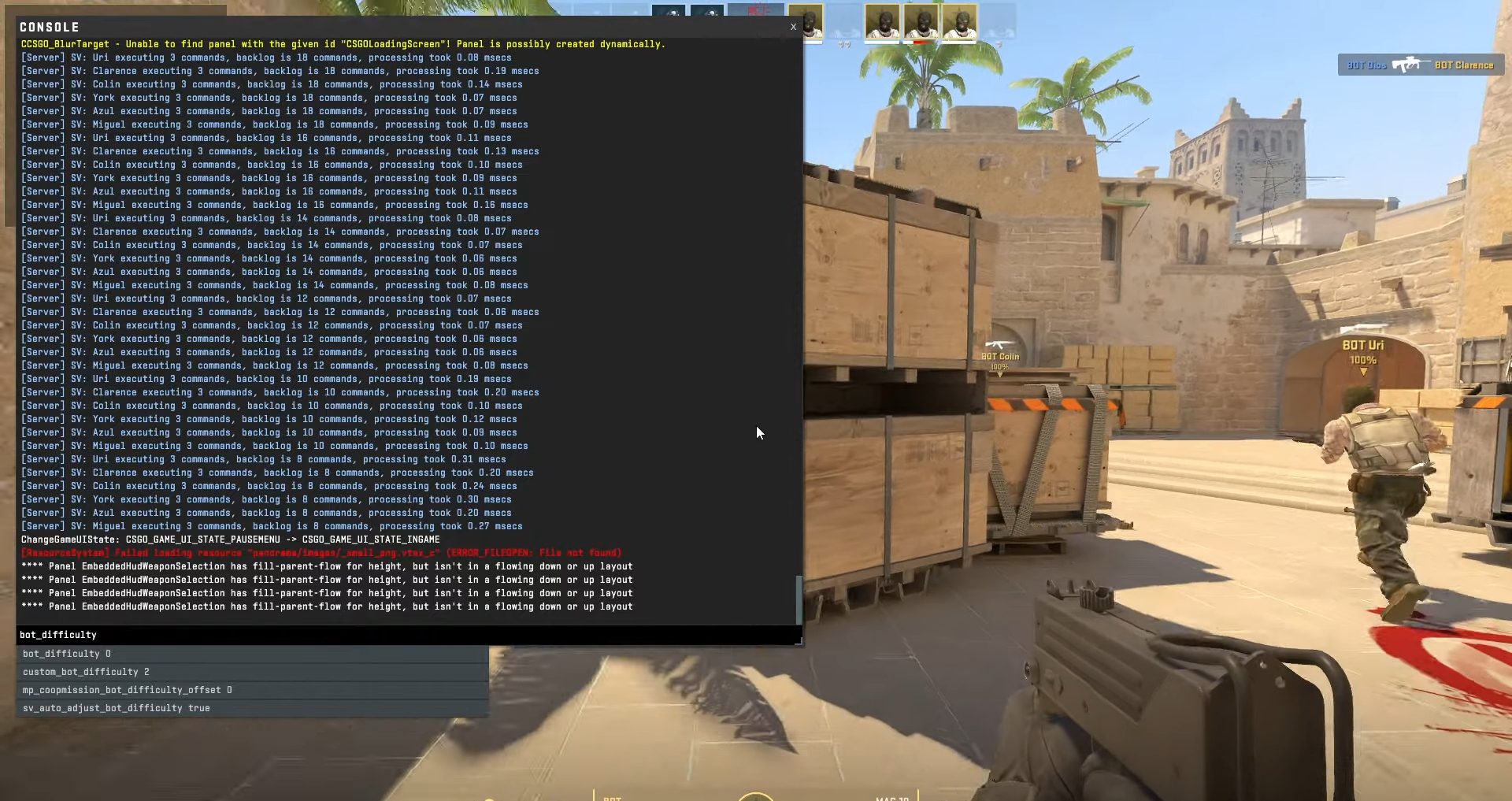 Un joueur dans un match de bot changeant la difficulté dans Counter Strike 2.