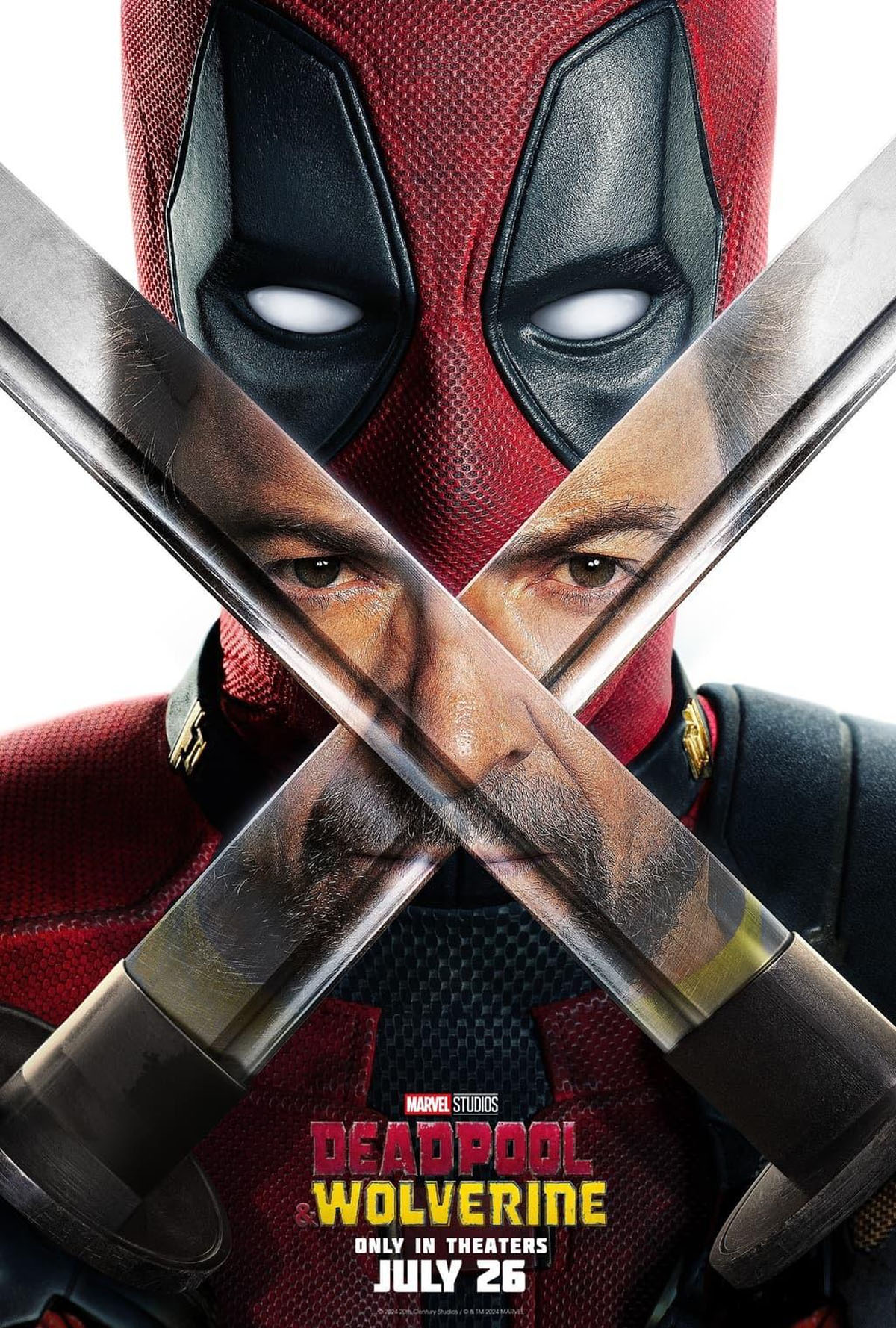 Deadpool de Ryan Reynolds reflete o rosto de Hugh Jackman no pôster de Deadpool e Wolverine.