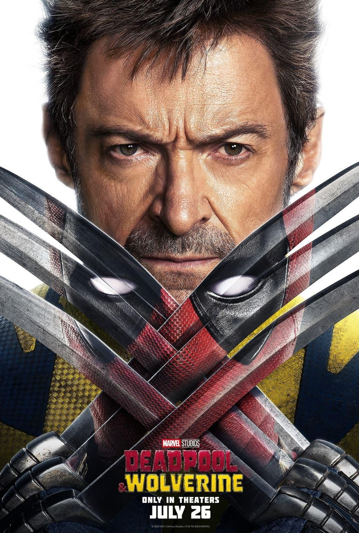 O Wolverine de Hugh Jackman reflete Deadpool em suas garras em um pôster de Deadpool e Wolverine.