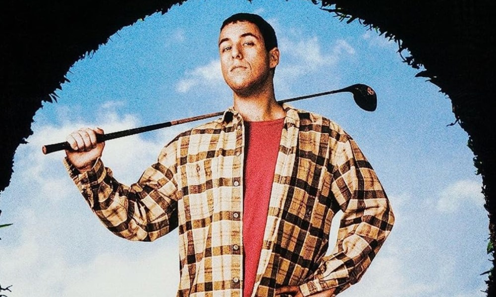 Adam Sandler holds a golf club on the poster for Happy Gilmore.