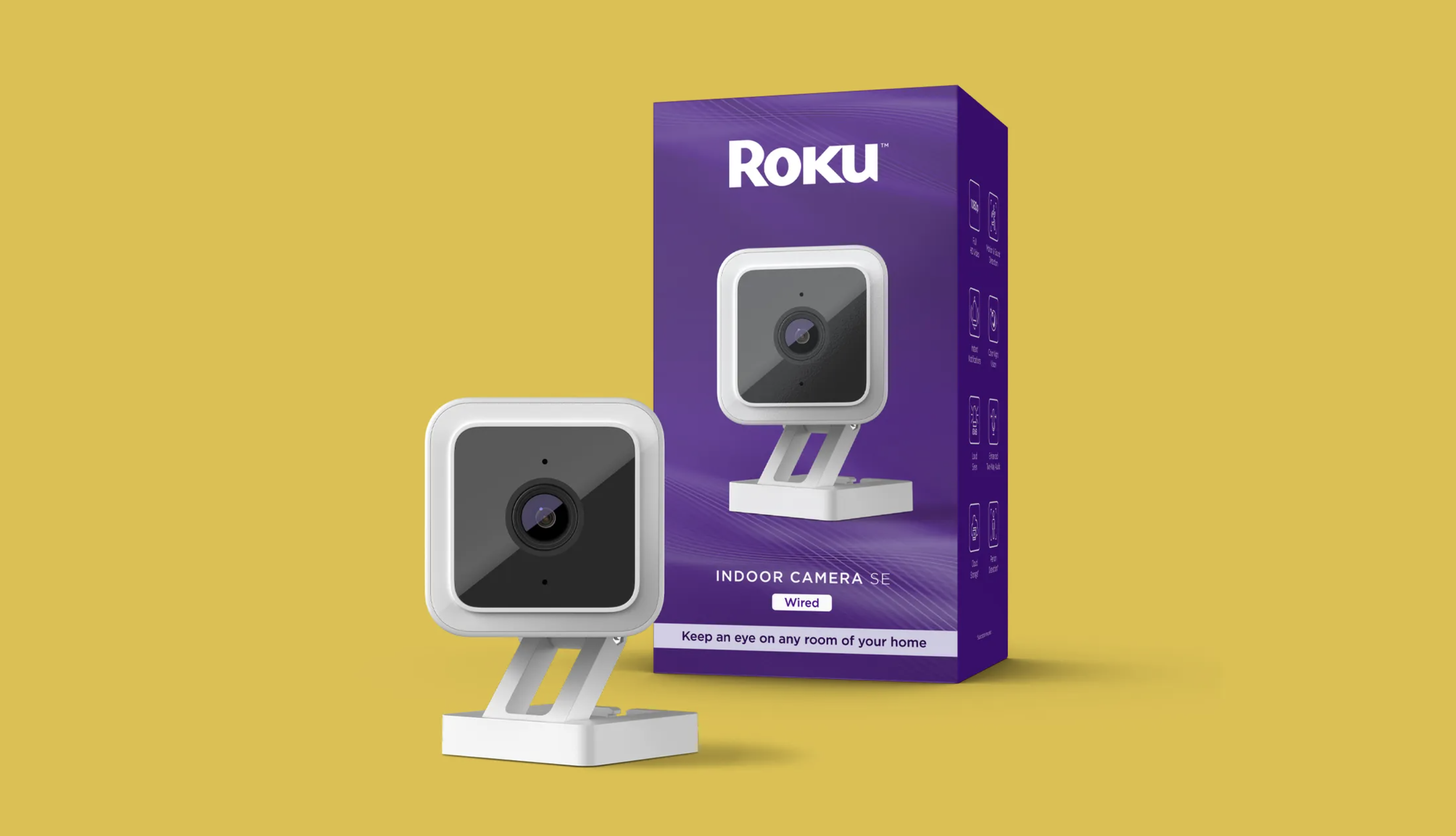 Die Roku Smart Home Indoor-Kamera auf farbigem Hintergrund.