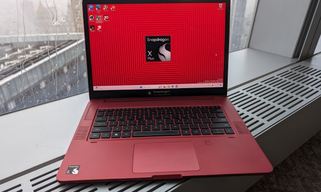 A photo of a laptop with the Snapdragon X Plus CPU.