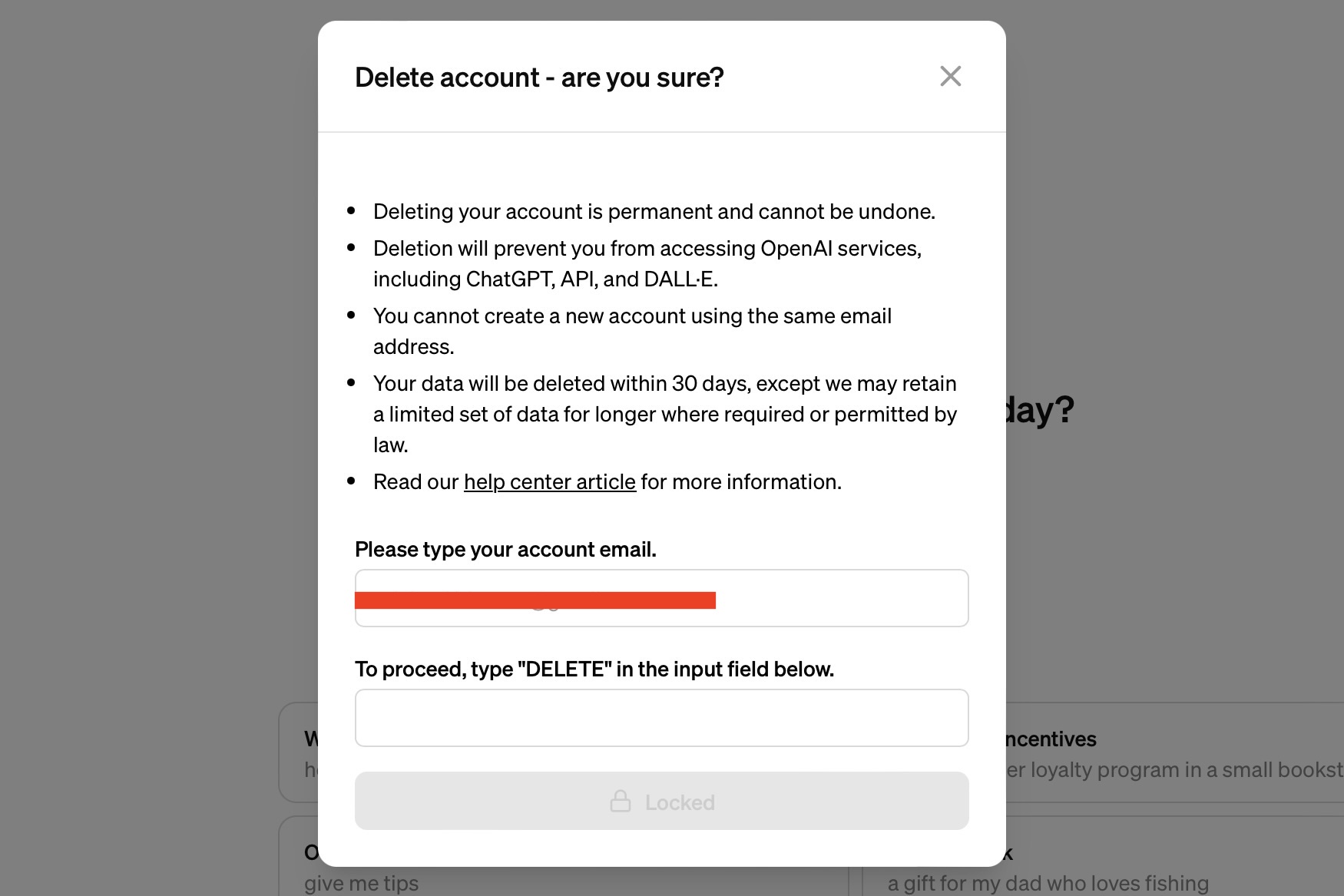 The final disclaimer for deleting your ChatGPT account.