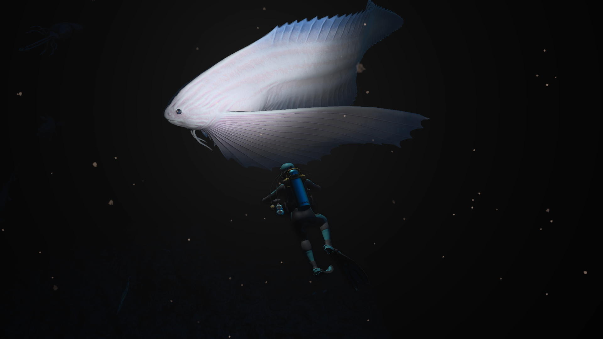 A diver swims near a white fish in Endless Ocean: Luminous.