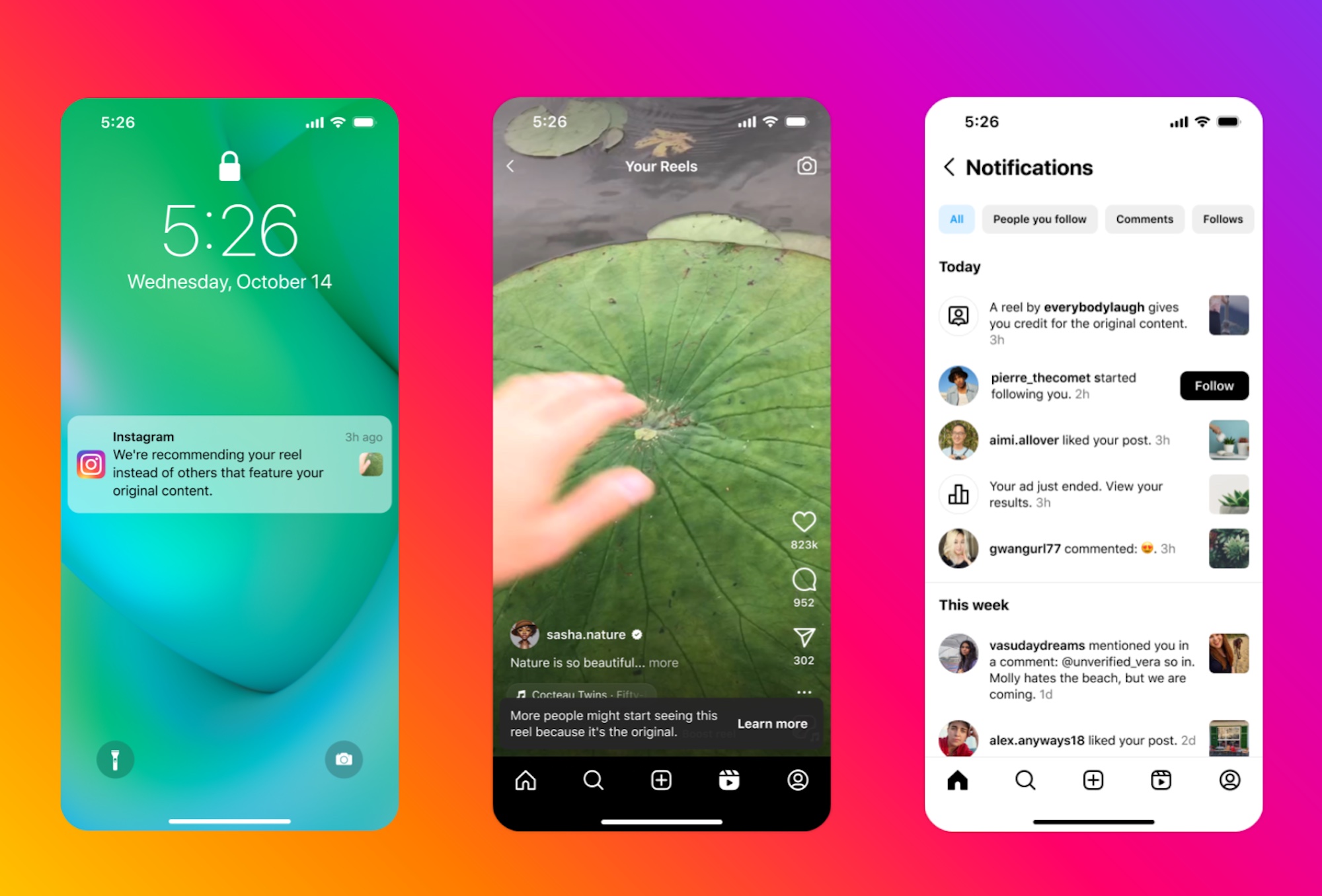 Notificaciones relacionadas con el nuevo algoritmo de Instagram para mostrar contenido vinculado a cuentas más pequeñas.