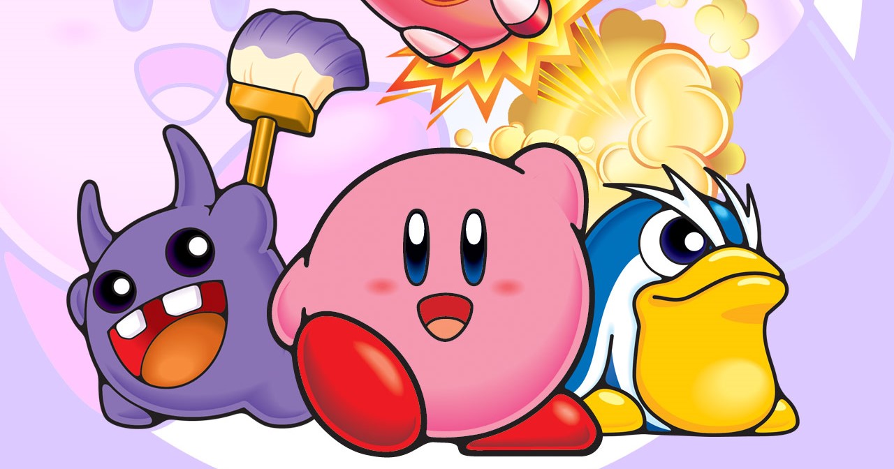 Kirby and his friends pose in Kirby and the Amazing Mirror art.