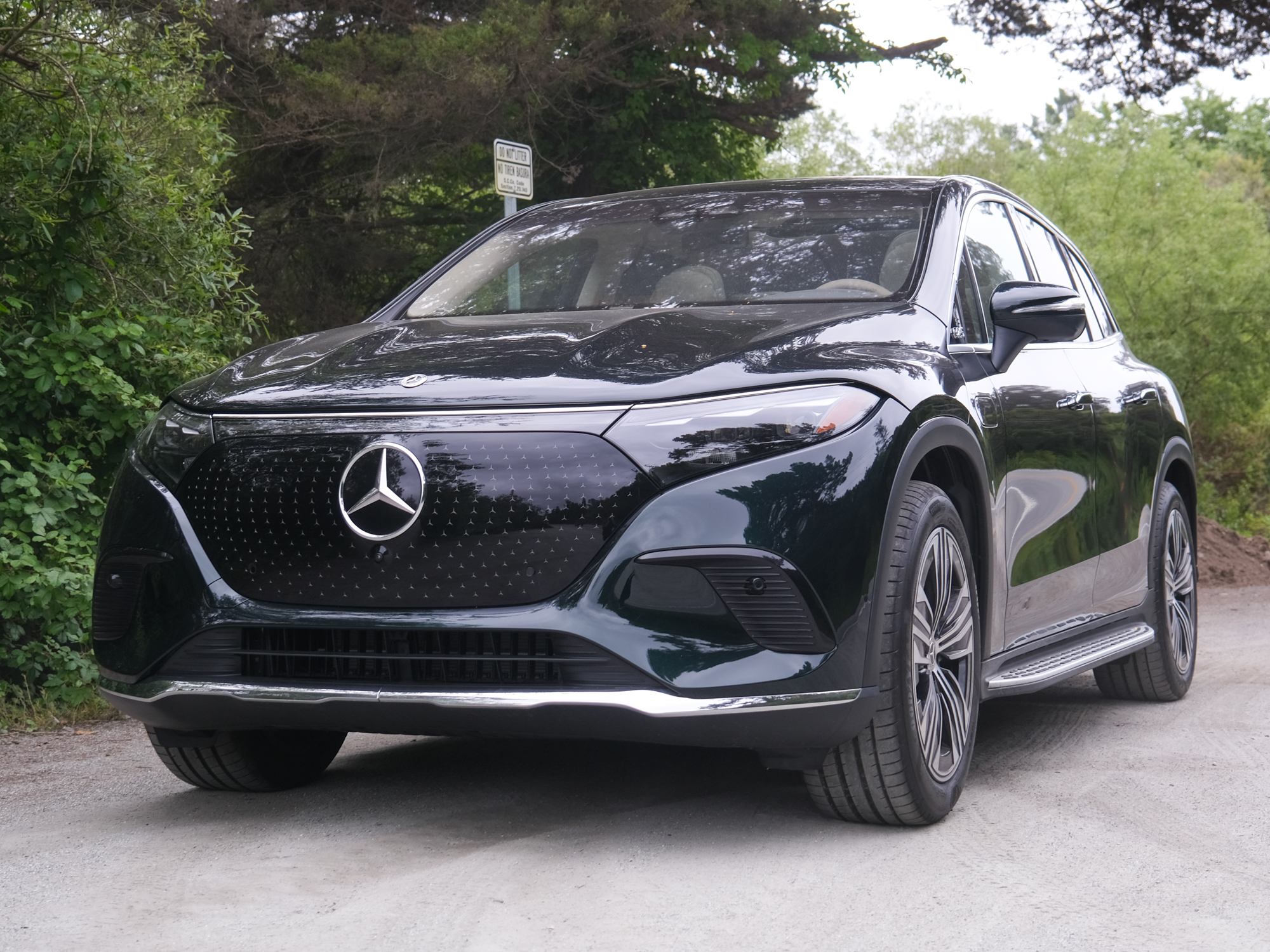 Mercedes-Benz EQS 450+ preto 2024 em frente às árvores