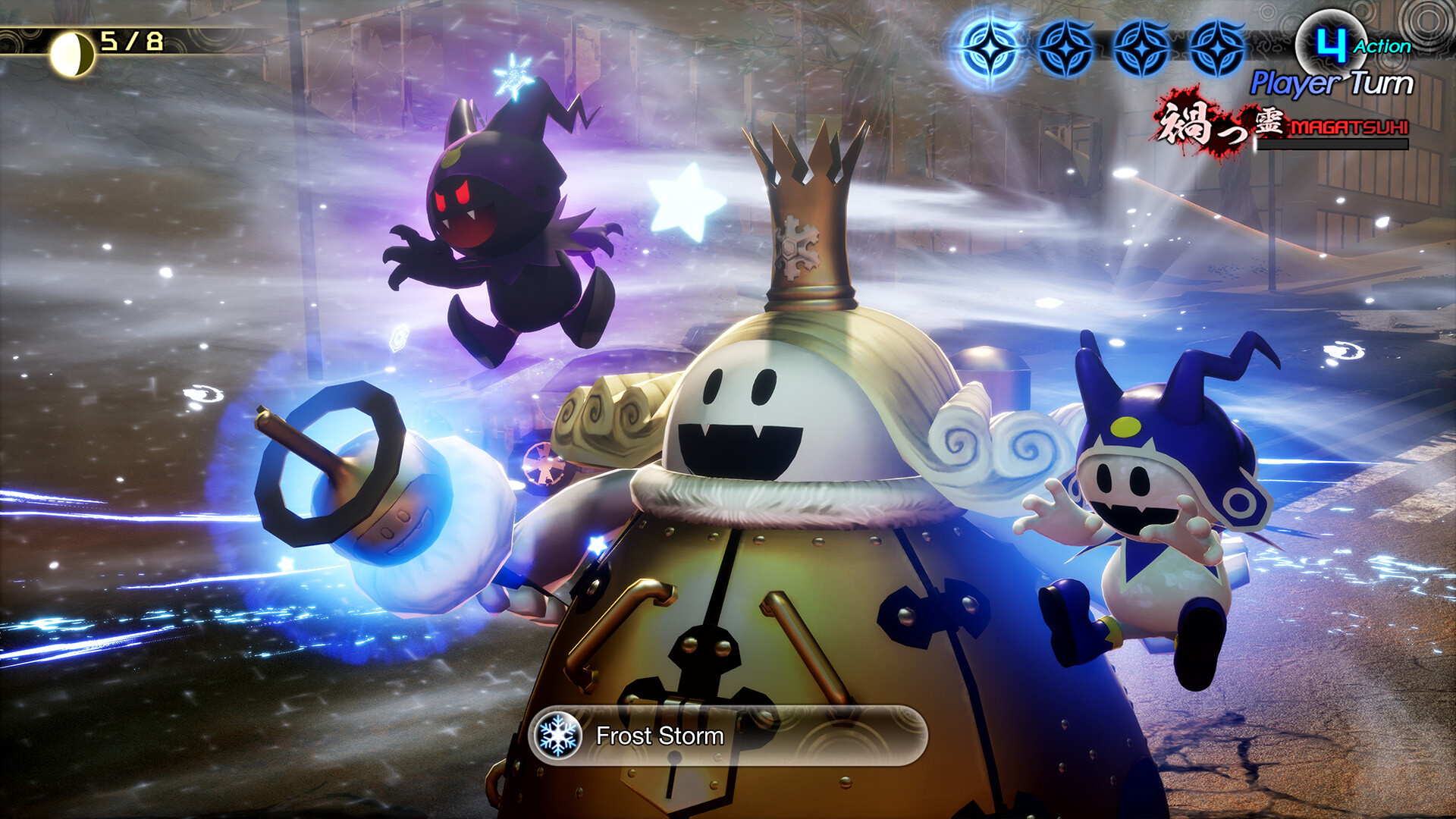 Jack Frost réussit une attaque de glace dans Shin Megami Tensei V : Vengeance.