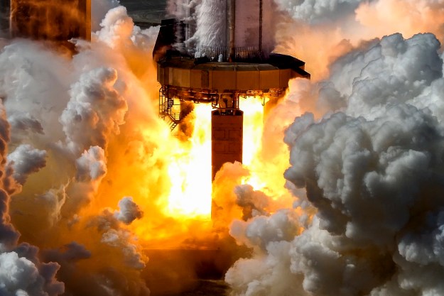 SpaceX's Super Heavy booster during a static fire test.