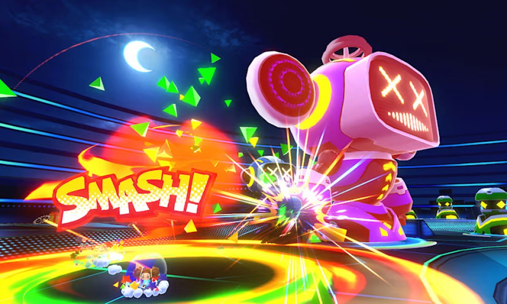 Monkeys smash a robot in Super Monkey Ball: Banana Rumble.