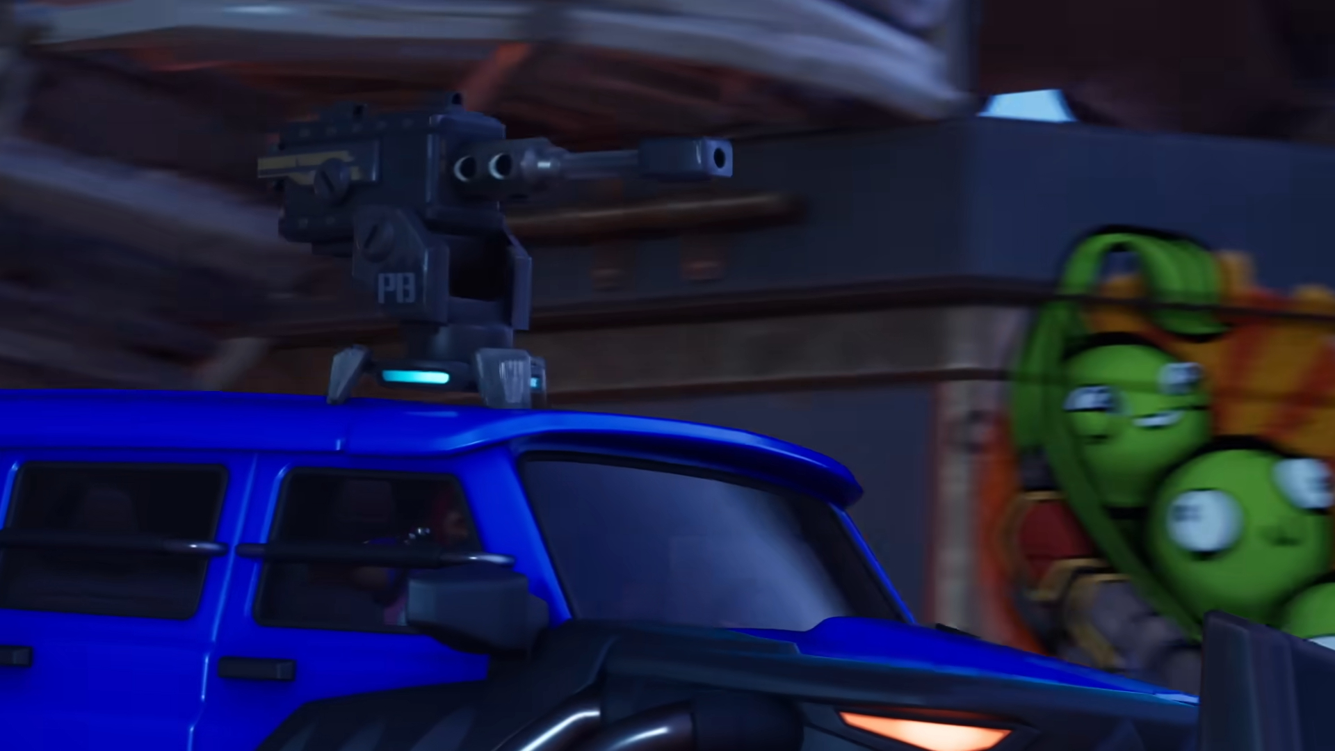 A fortnite car with a turret on the roof.