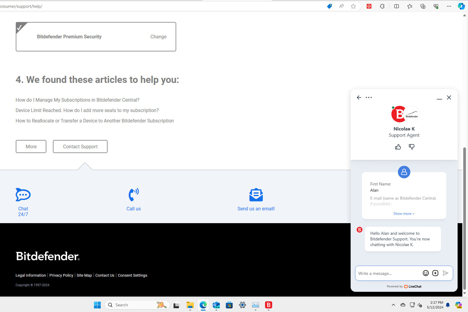 Ein Bitdefender-Live-Agent traf schnell im Chat ein, um mir bei meiner Frage behilflich zu sein.
