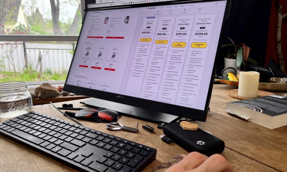 A person compares Bitdefender and Norton antivirus software pricing on a Windows PC.