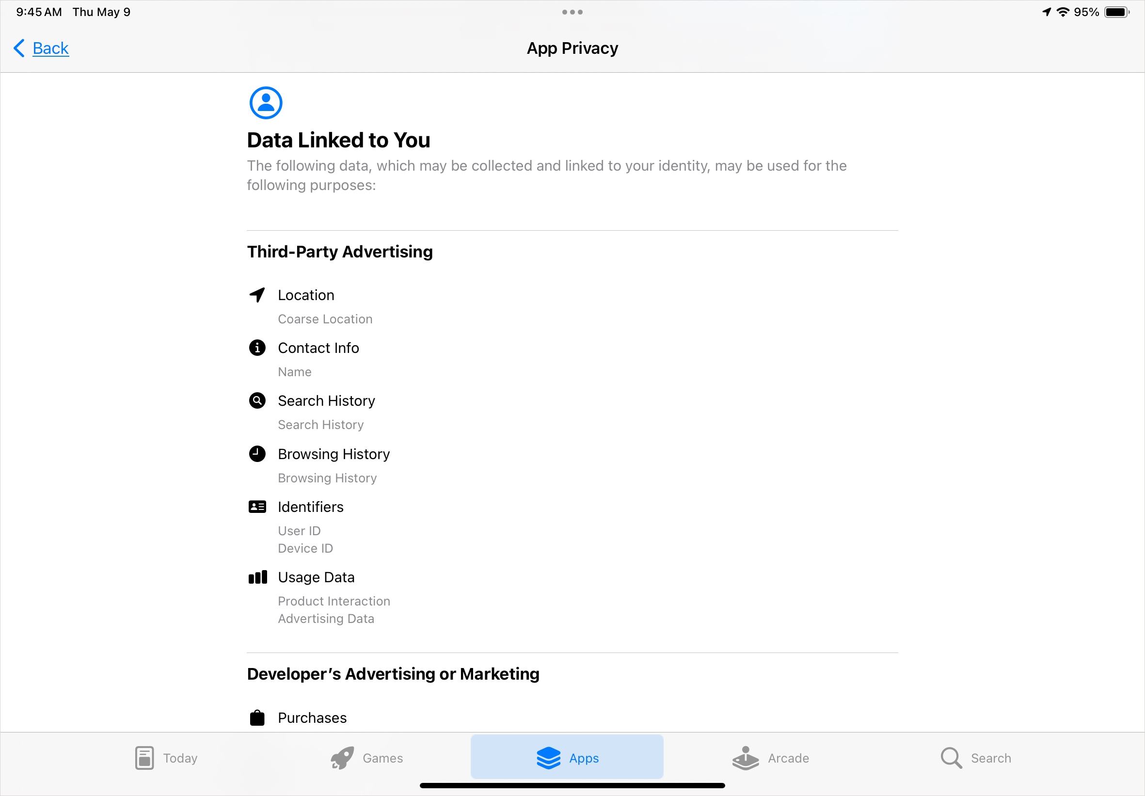 Relatório de privacidade na App Store.