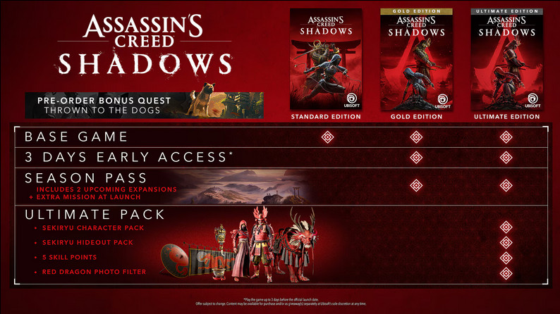 Assassin's Creed Shadows의 사전 주문 표입니다.