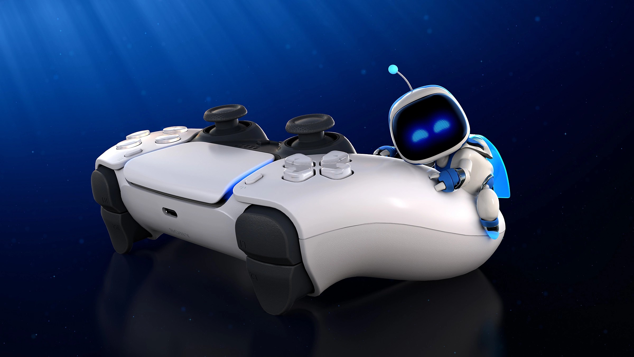 Astro Bot climbs on a DualSense controller.