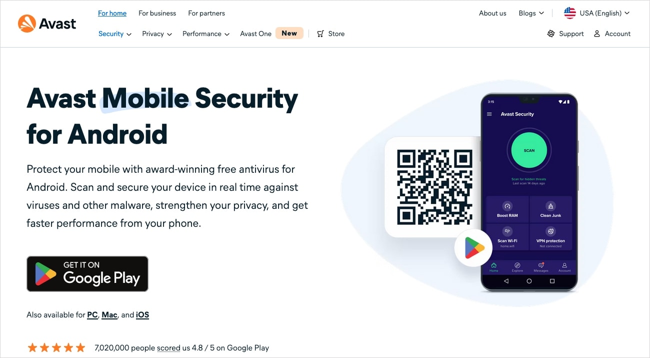 Avast für Android-Website.