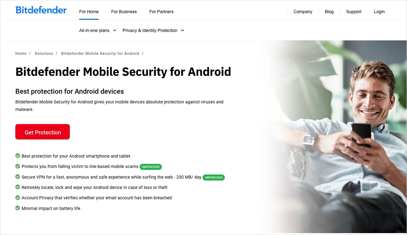 Bitdefender für Android-Website.