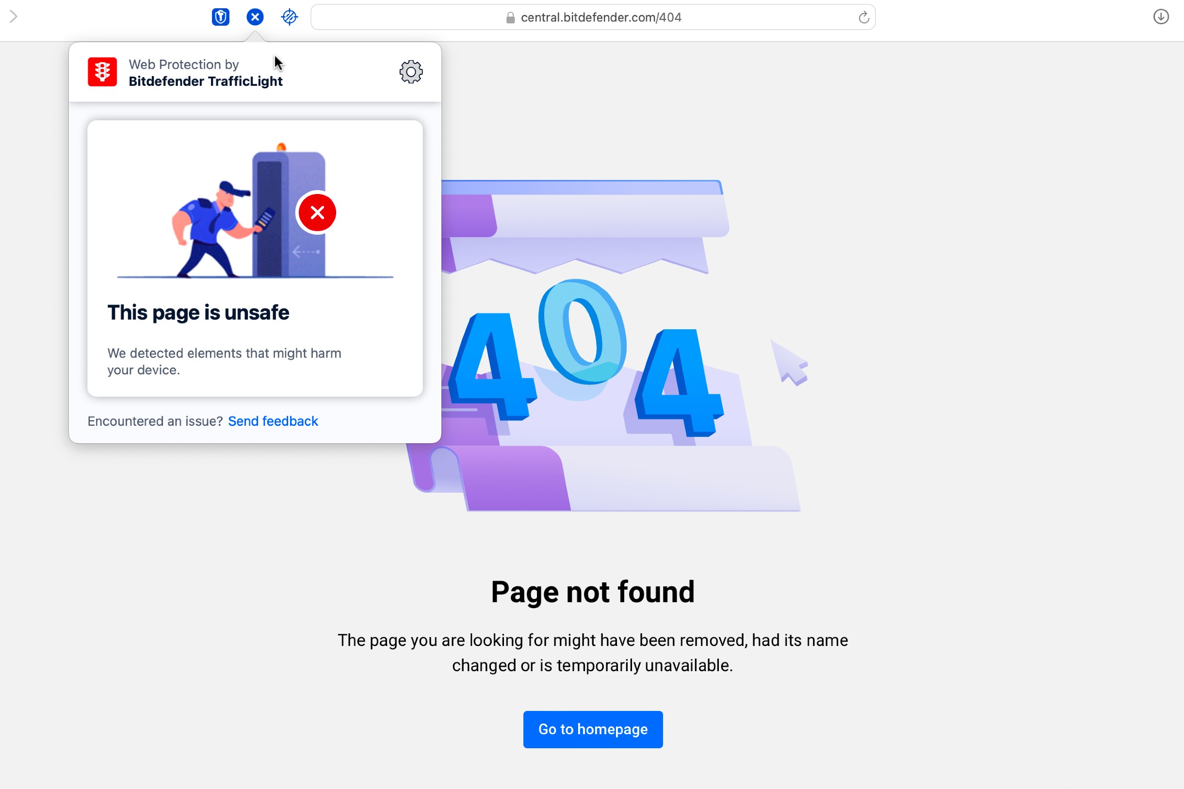 La extensión del navegador de Bitdefender detectó y bloqueó el malware de WICAR, pero la página de notificación de Bitdefender tenía un error 404.