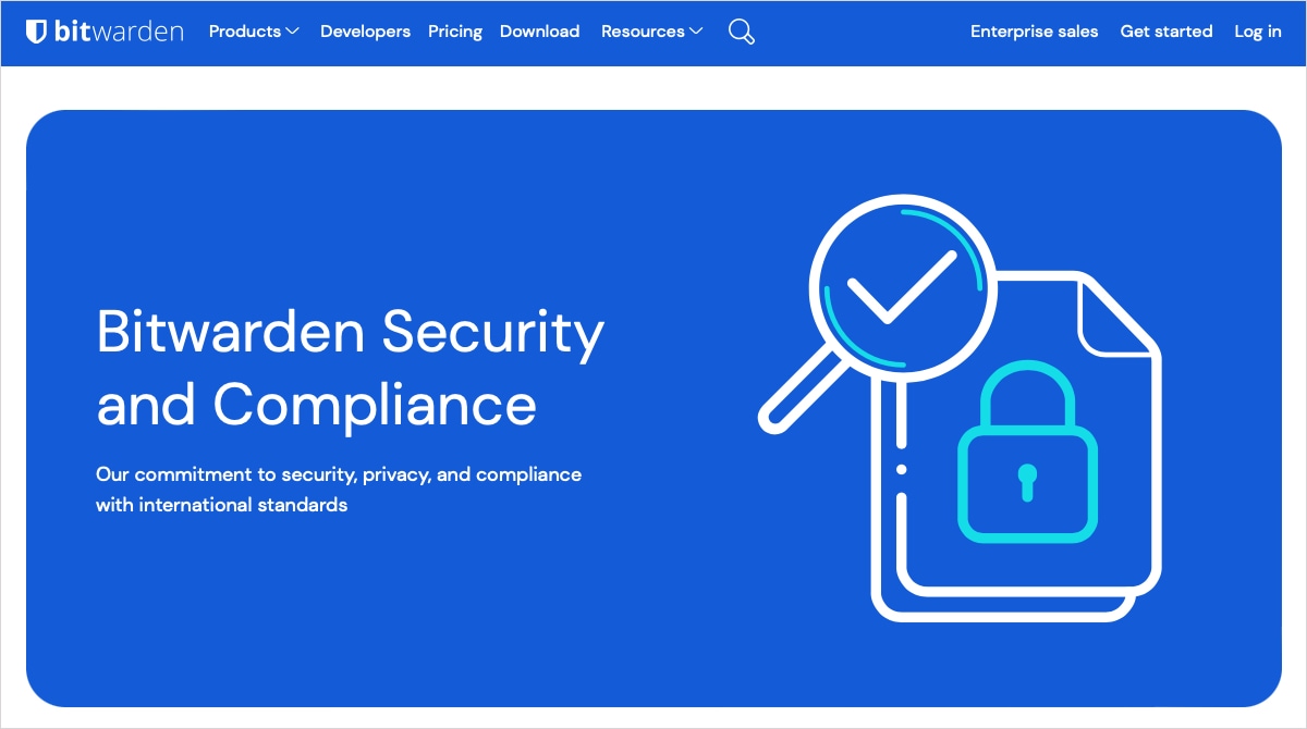 صفحه وب Bitwarden Security and Compliance.