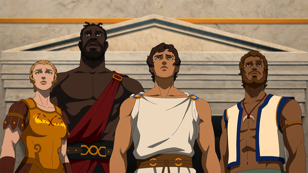 Herón y sus aliados se yerguen orgullosos y miran hacia adelante en Blood of Zeus.
