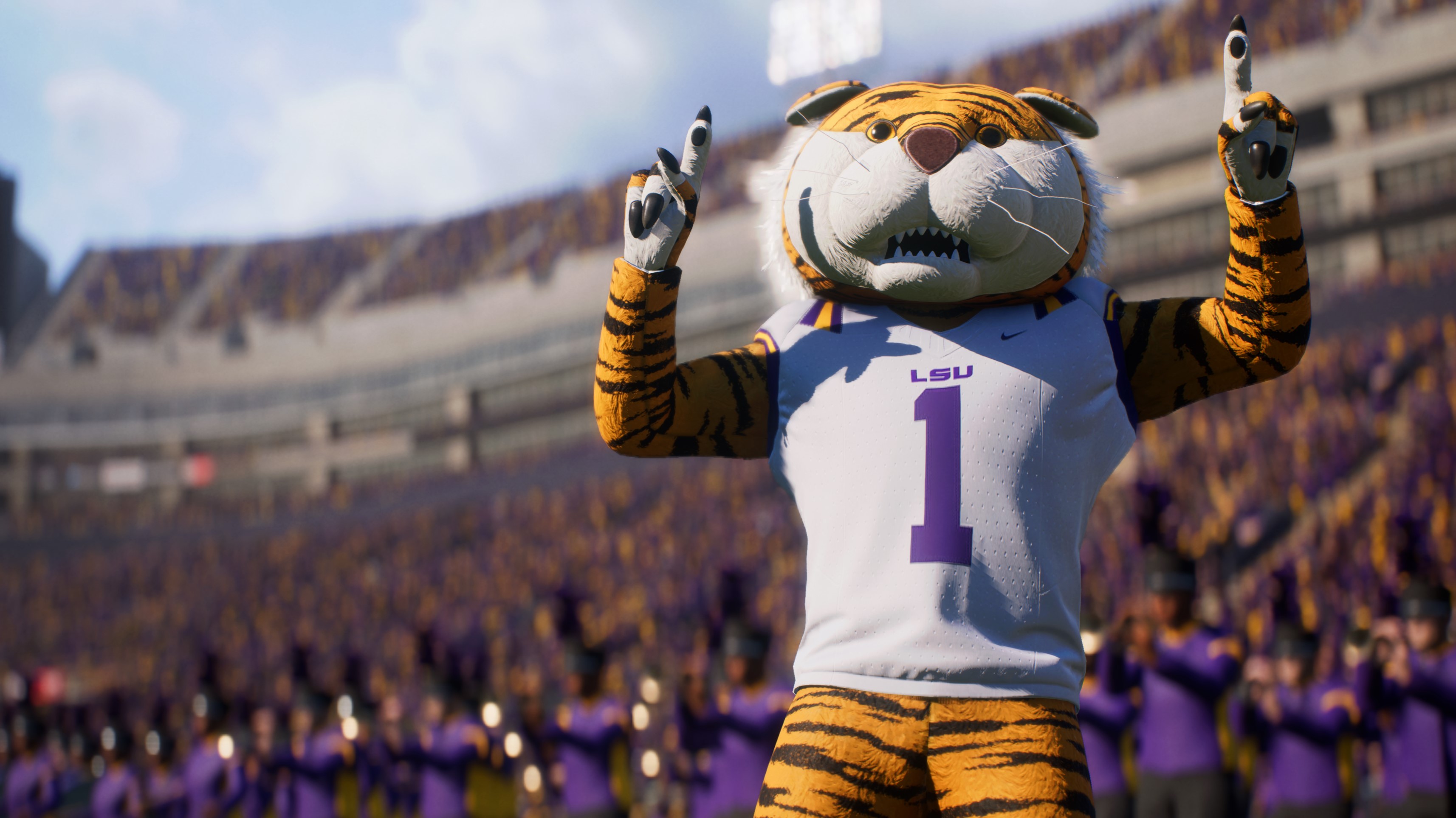 Una mascota tigre en el campo frente a una banda de música en College Football 25
