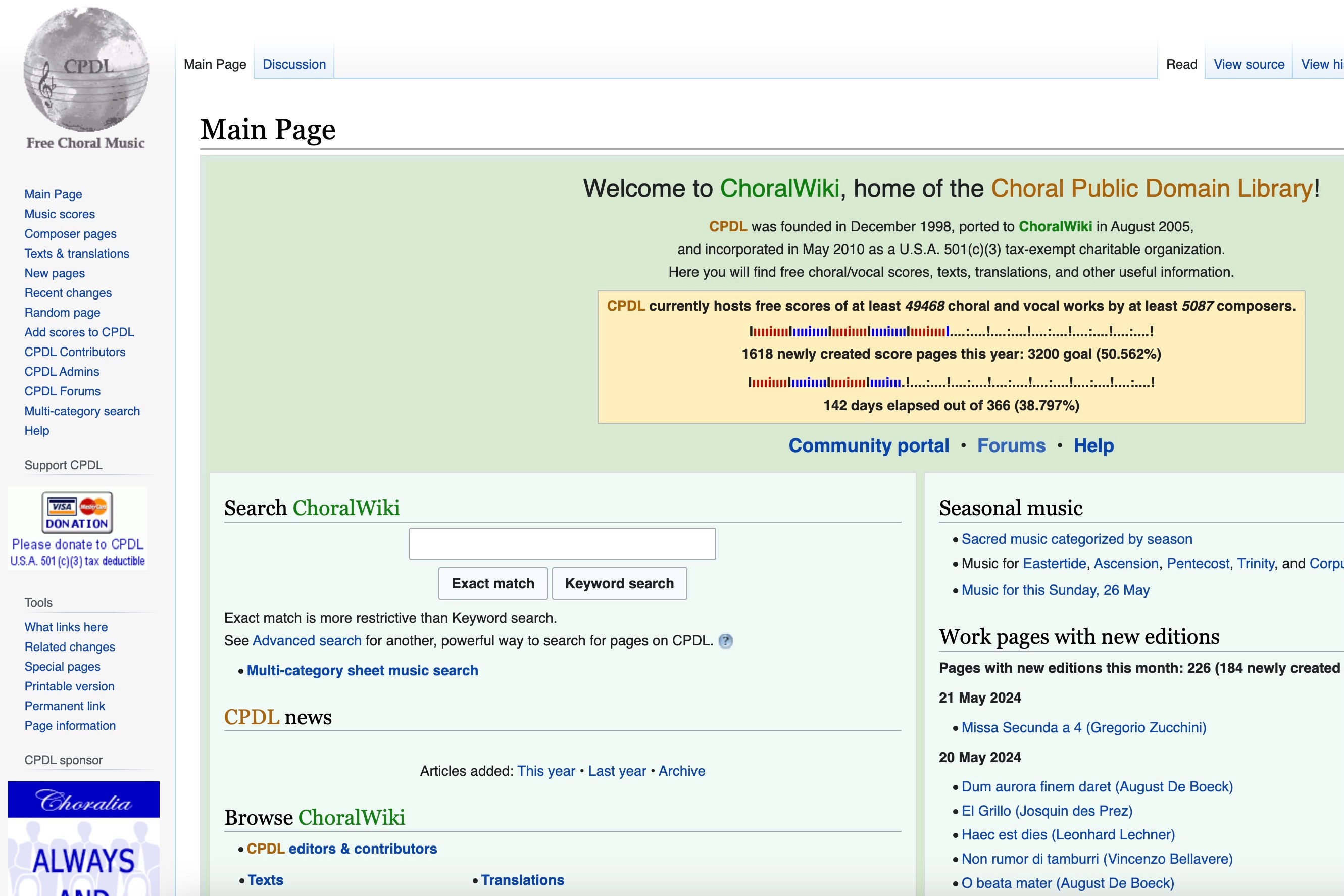 Schermata del sito Web ChoralWiki.