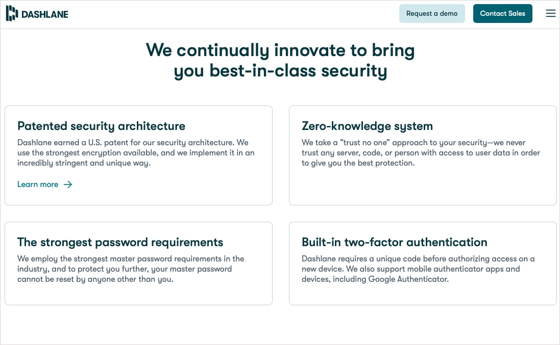 Dashlane security features on the web.