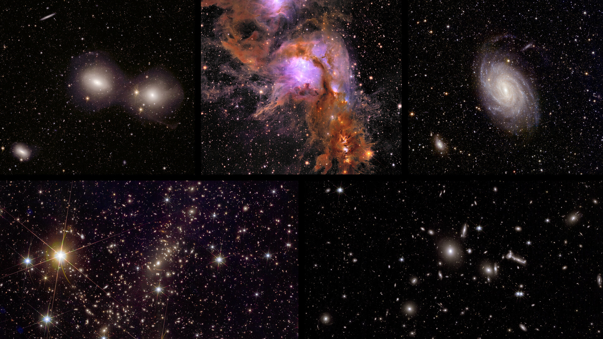 Hoy, la misión espacial Euclid de la ESA publica cinco nuevas imágenes sin precedentes del Universo, cada una de las cuales revela una nueva y sorprendente ciencia. Las imágenes nunca antes vistas demuestran la capacidad de Euclides para desentrañar los secretos del cosmos, lo que permite a los científicos buscar planetas errantes, usar galaxias con lentes para estudiar materia misteriosa y explorar la evolución del Universo. Los cinco objetivos que se muestran aquí son (en el sentido de las agujas del reloj desde arriba a la izquierda) el Grupo Dorado, Messier 78, NGC 6744, Abell 2764 y Abell 2390.