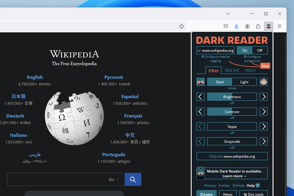 The Dark Reader Firefox extension.