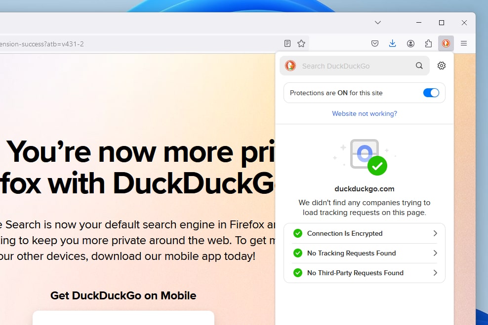 La extensión de Firefox DuckDuckGo Privacy Essentials.