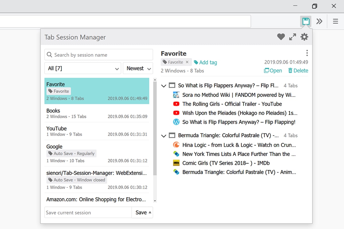 La extensión de Firefox Tab Session Manager.