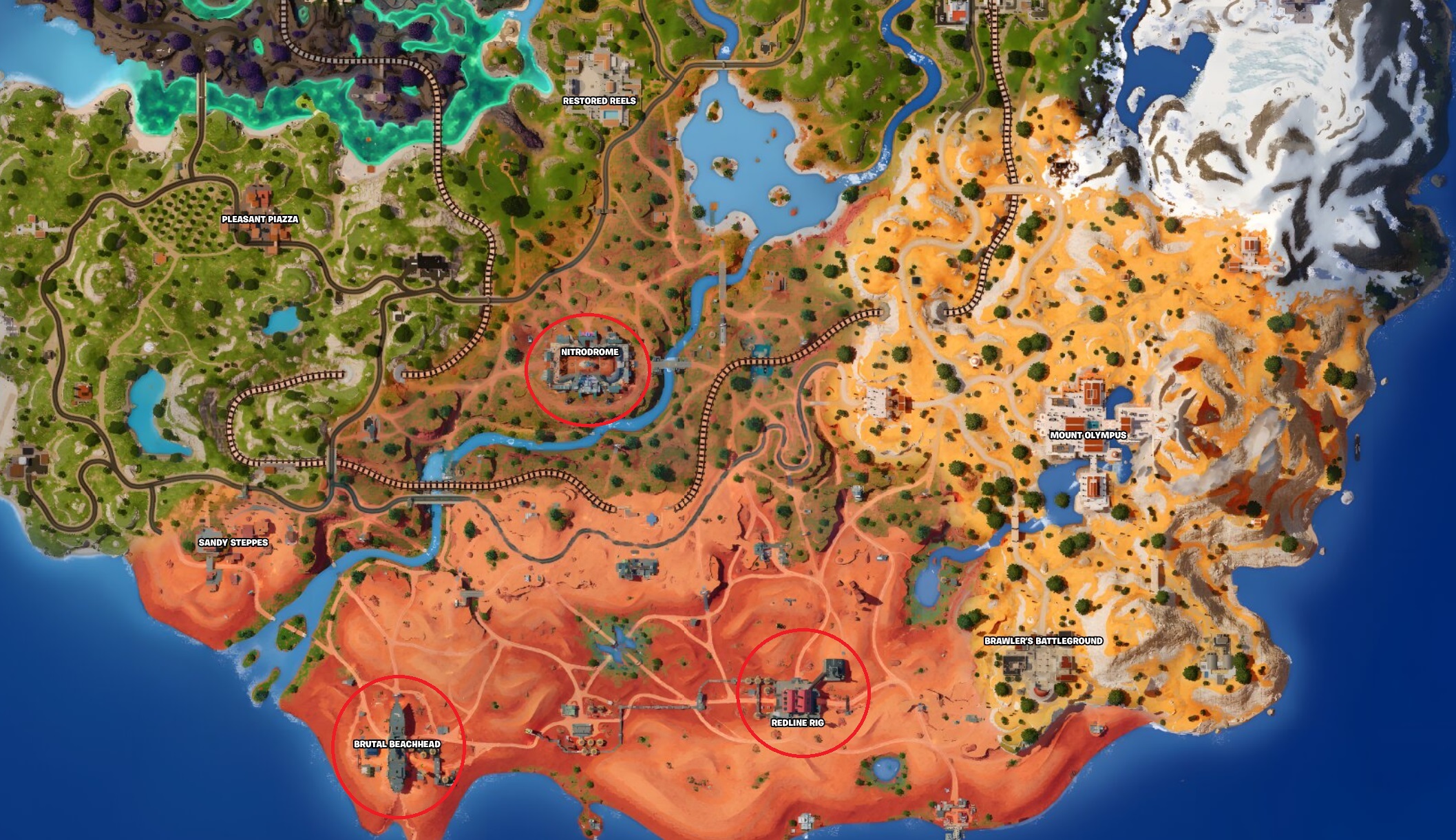 Um mapa das localizações dos chefes em Fortnite.