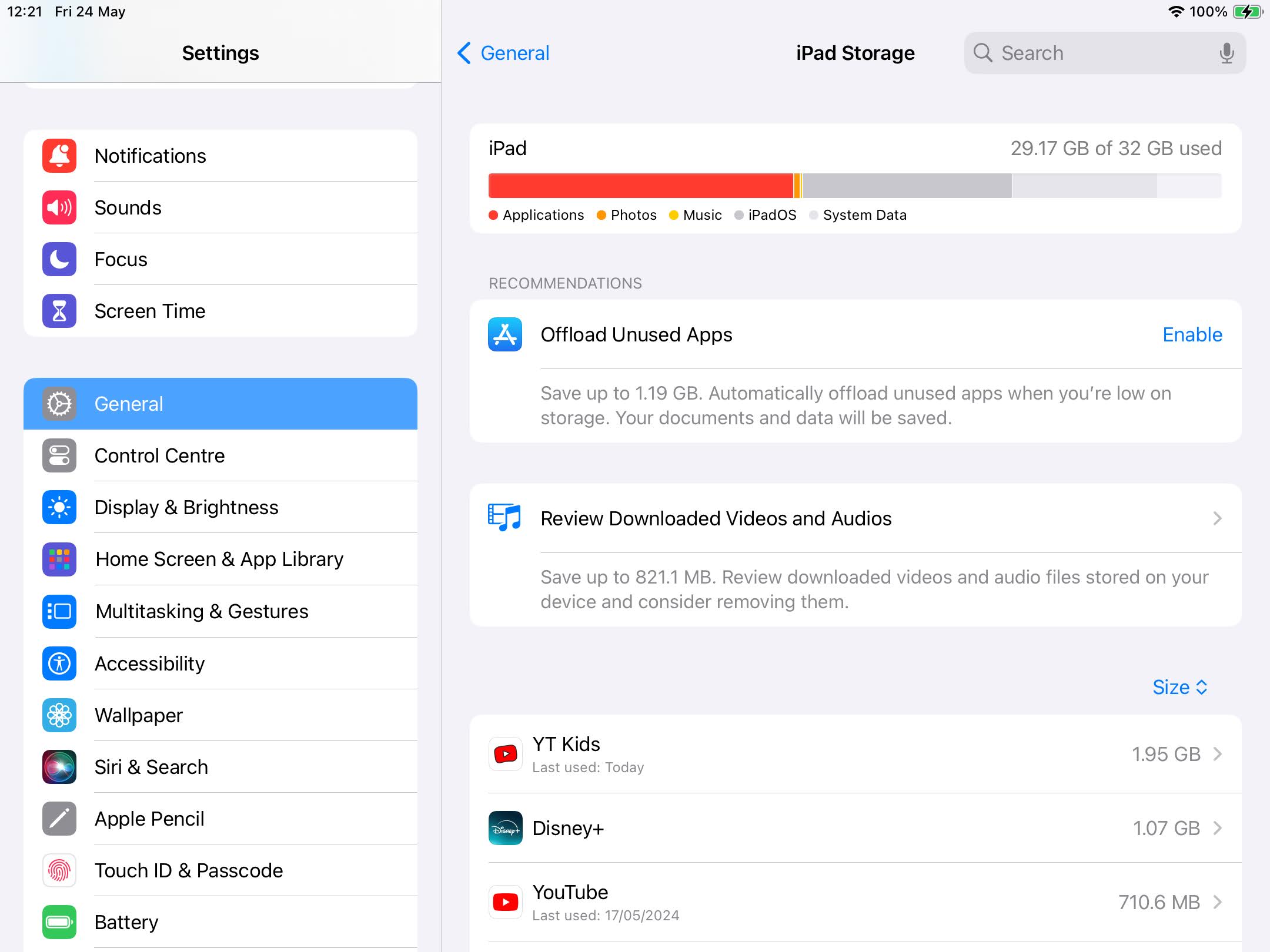 The storage settings on an iPad.