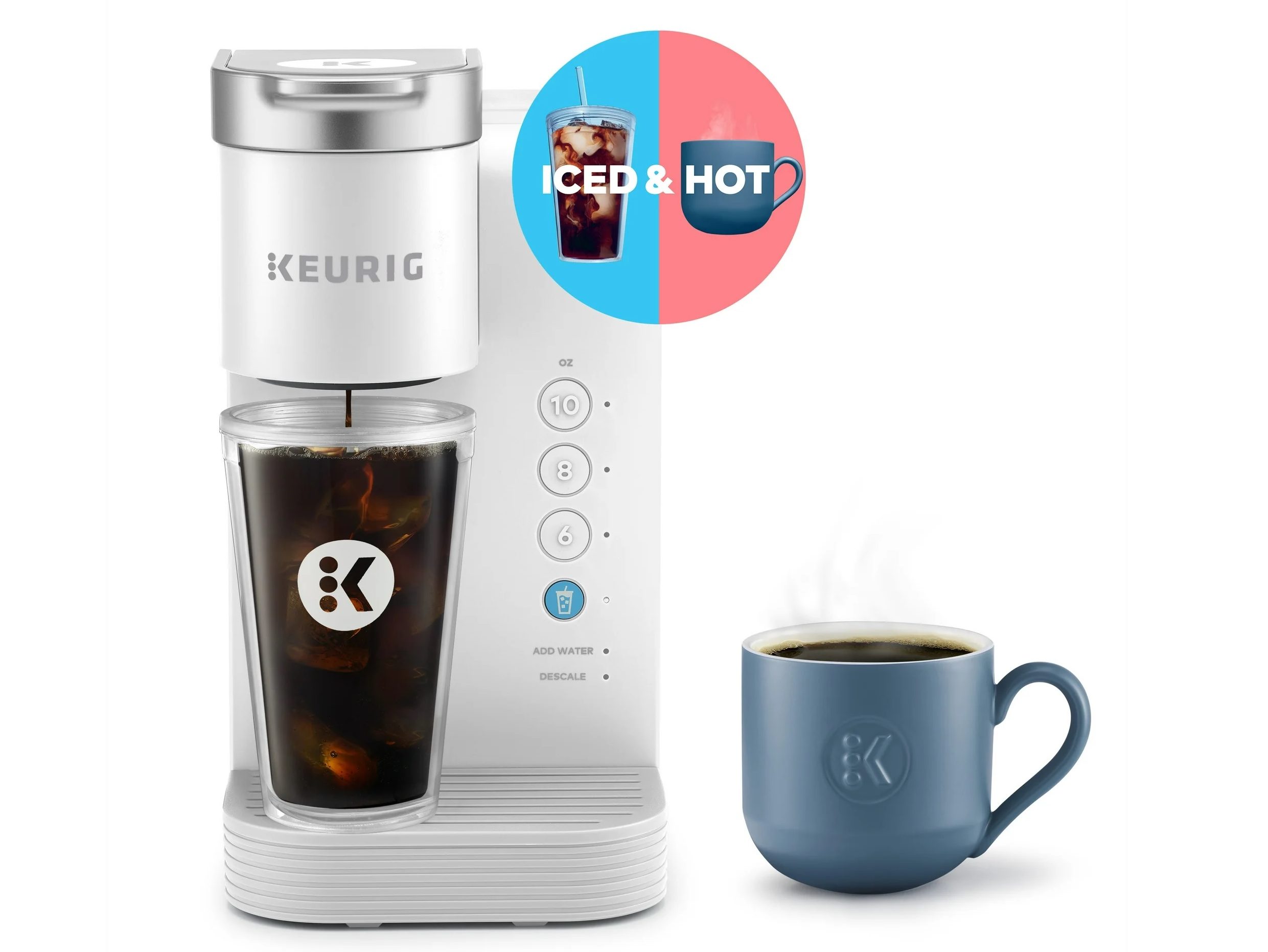 A marketing image for the Keurig K-Iced Essentials Iced and Hot machine.