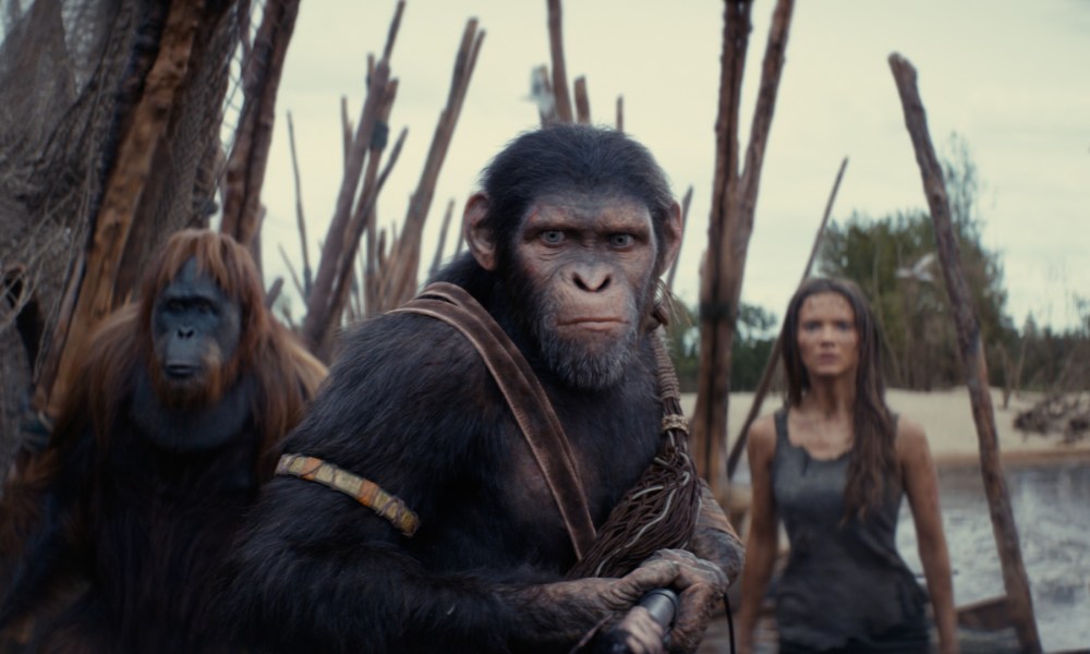 An orangutan, a chimp, and a human brace for battle in a still from "Kingdom of the Planet of the Apes."