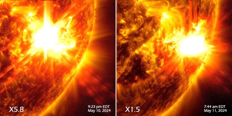 NASA’s Solar Dynamics Observatory captured images of the two solar flares on May 10 and May 11, 2024. The image shows a subset of extreme ultraviolet light that highlights the extremely hot material in flares created from a mixture of SDO’s AIA 193, 171 and 131 channels.