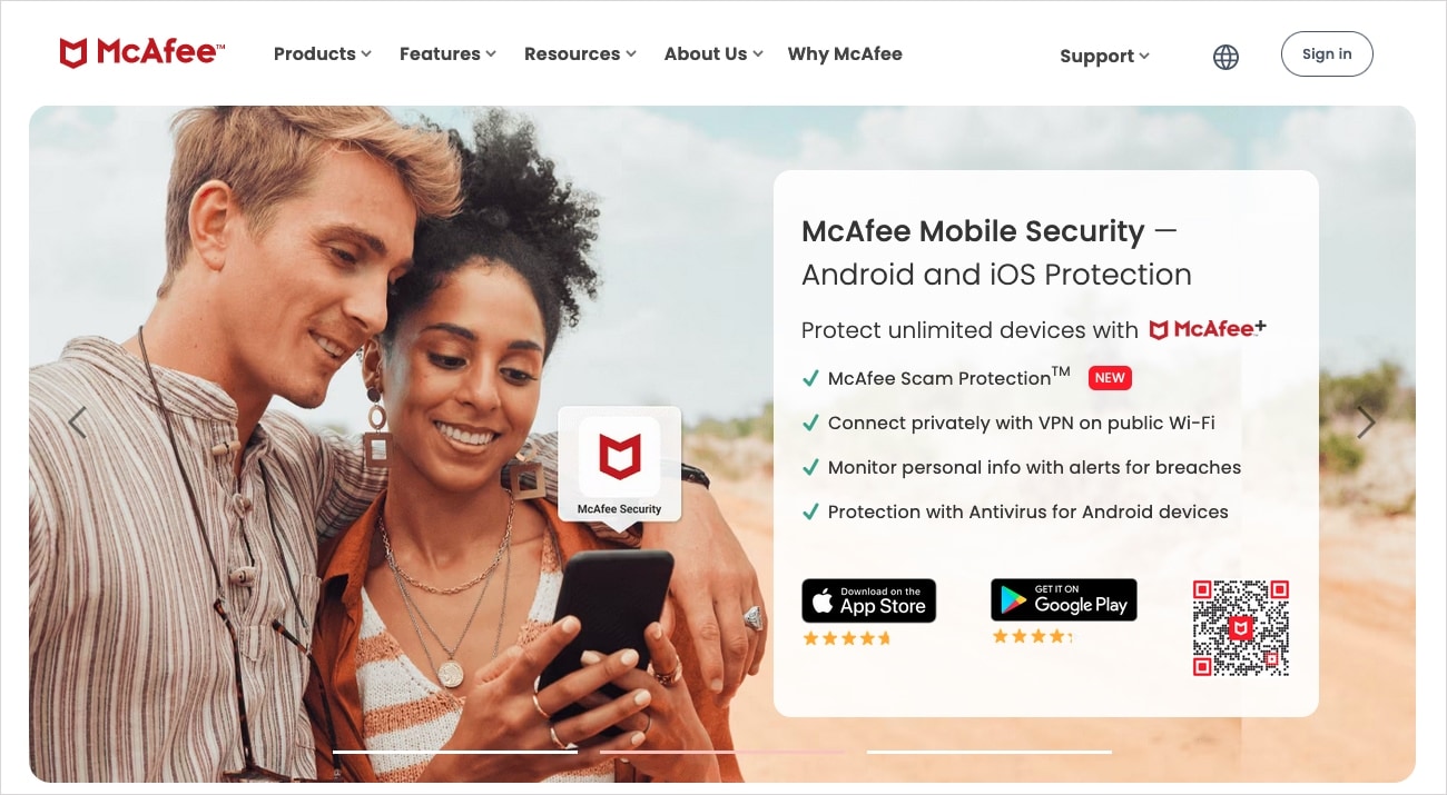 McAfee für Android-Website.