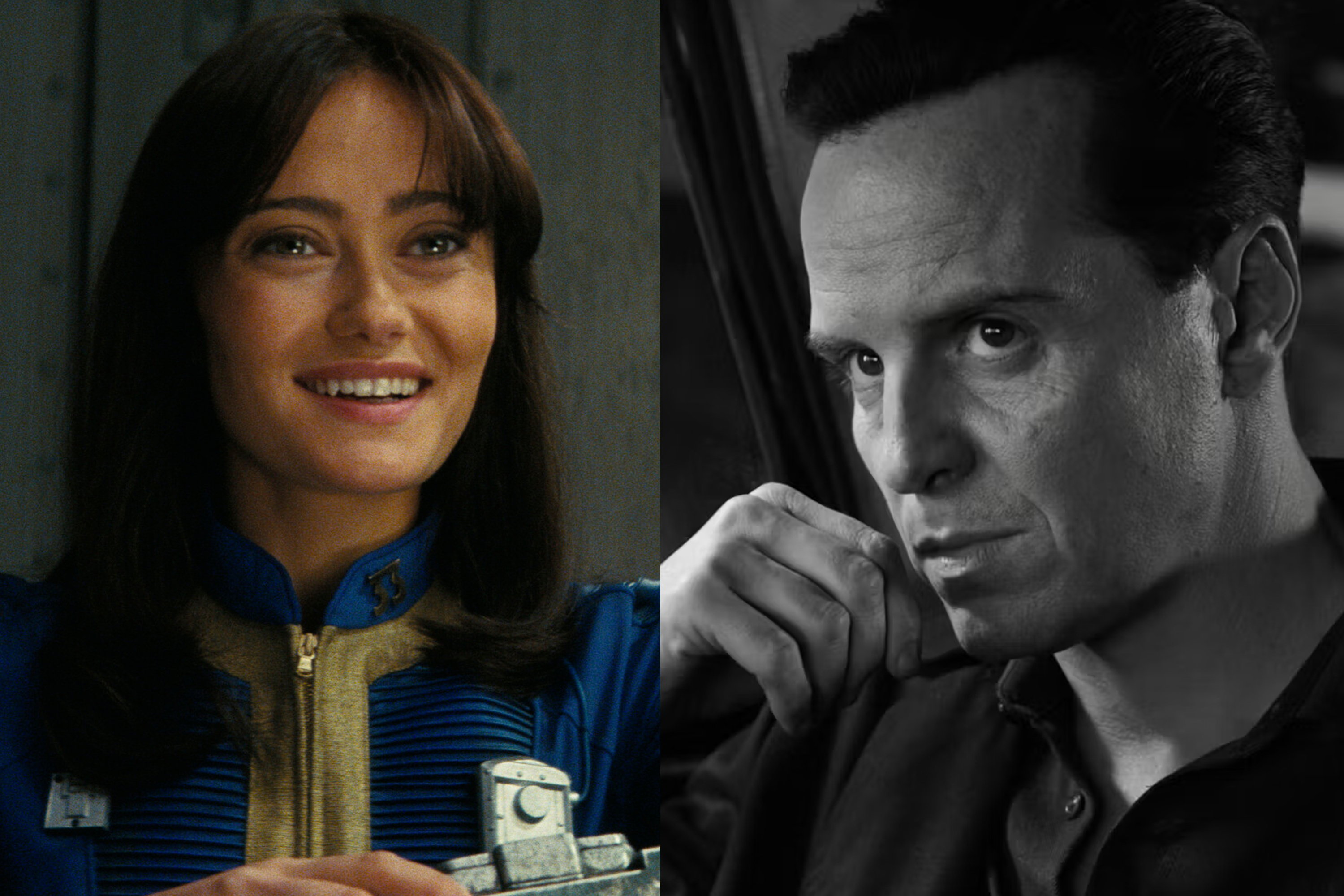 Lucy Maclean smiles in Fallout and Tom Ripley looks up in Ripley.