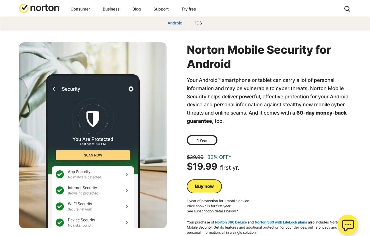 Norton für Android-Website.