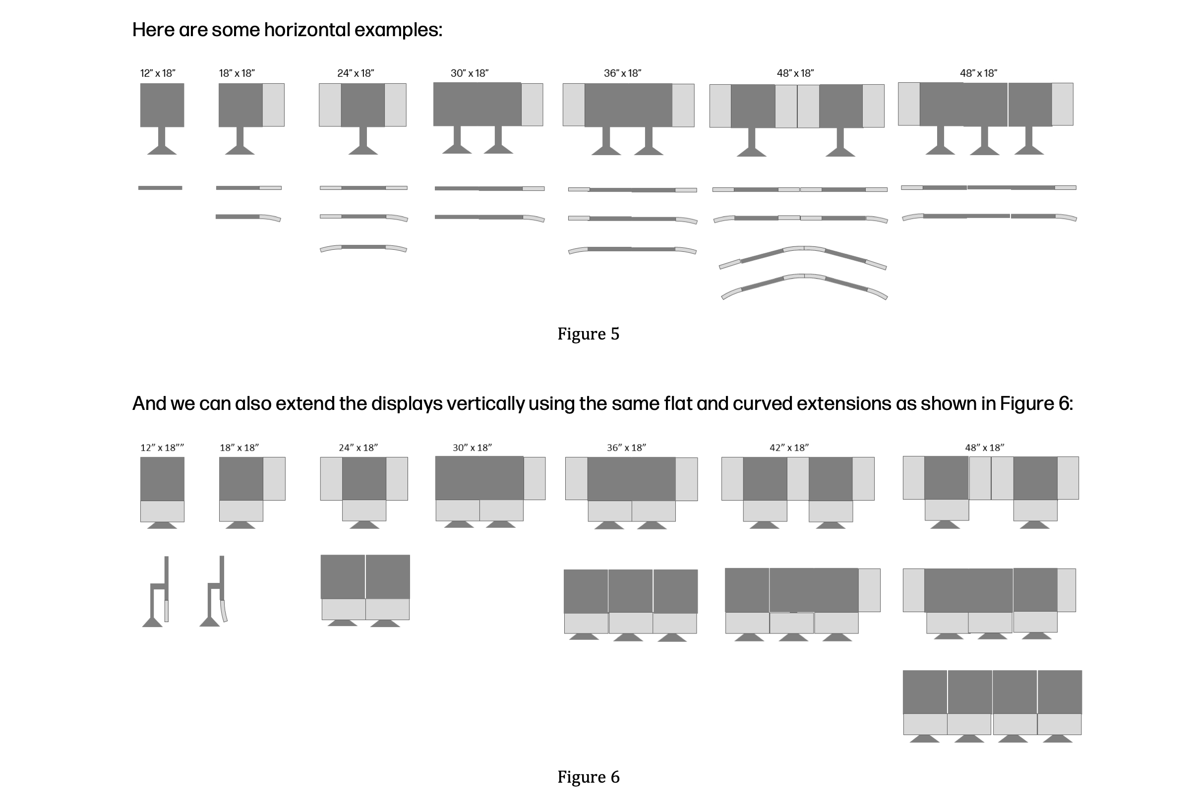 Diagramas que muestran diferentes configuraciones de monitores modulares.